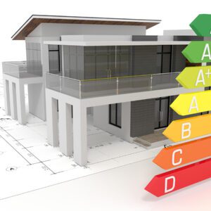 Visualisierung eines Energieeffizienzlabels an einem Gebäude im Kontext von Energieausweisen für Immobilien.