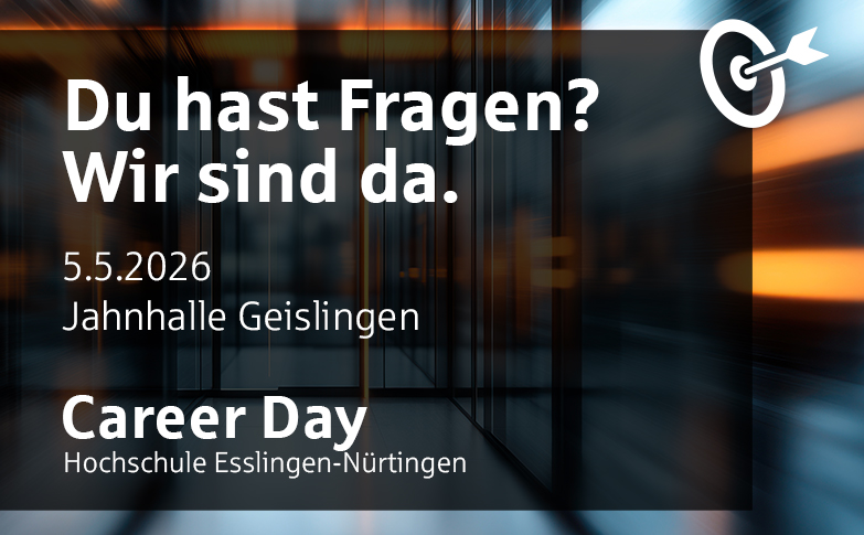 Veranstaltungsgrafik zum Career Day der Hochschule Esslingen‑Nürtingen am 5. Mai 2026 in der Jahnhalle Geislingen, Teilnahme von fgi.